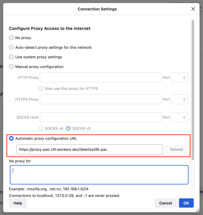 Enter PAC file URL into Firefox