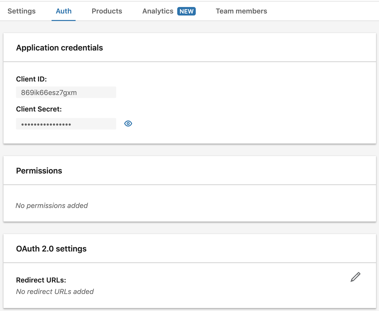 LinkedIn account settings where you will copy the Client ID and Client Secret